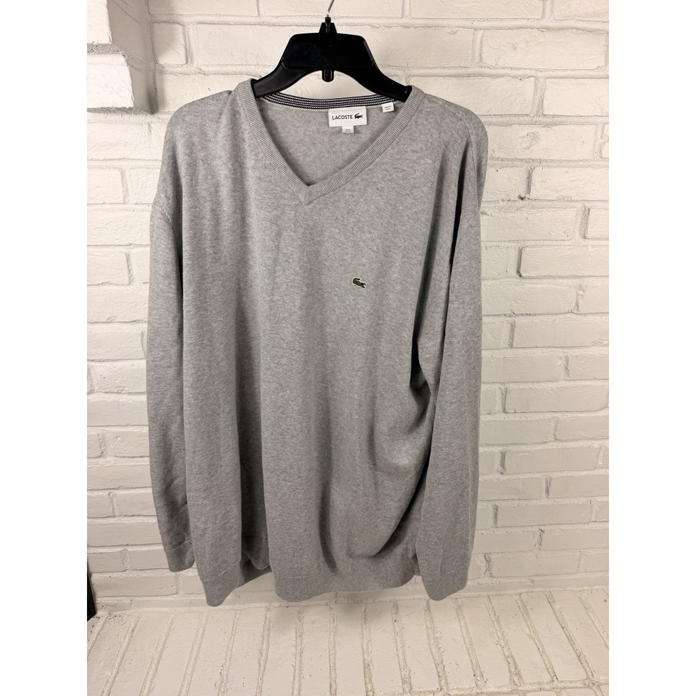 Lacoste Mens 4XL Gray V Neck Sweater 100% Cotton Crocodile Logo Big Tall